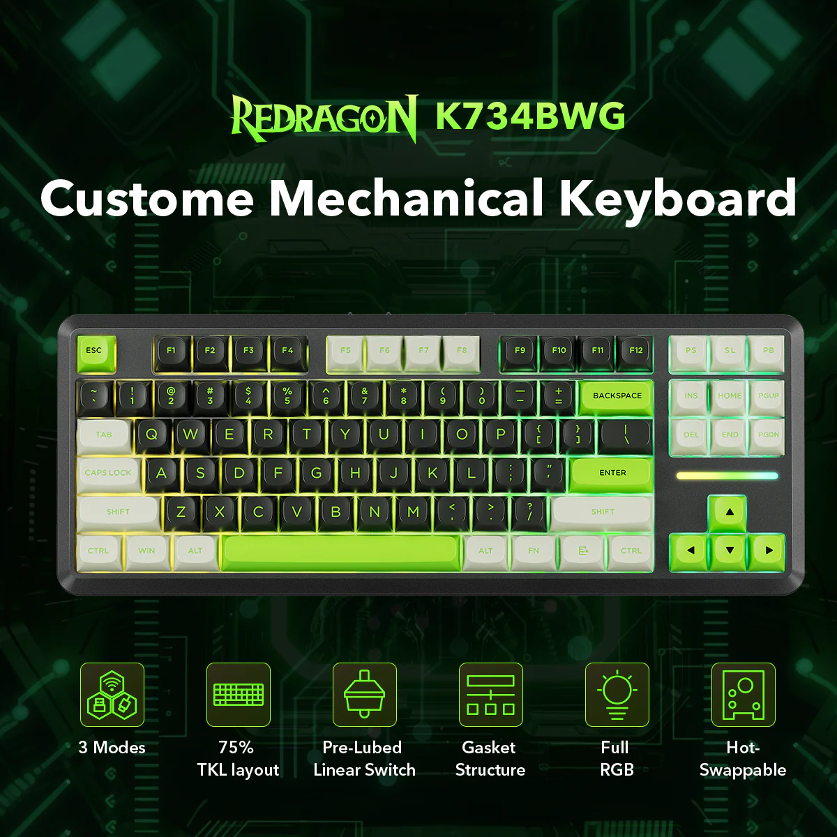Redragon K734BWG-RGB-PRO TKL Mechanical Keyboard - Image 3